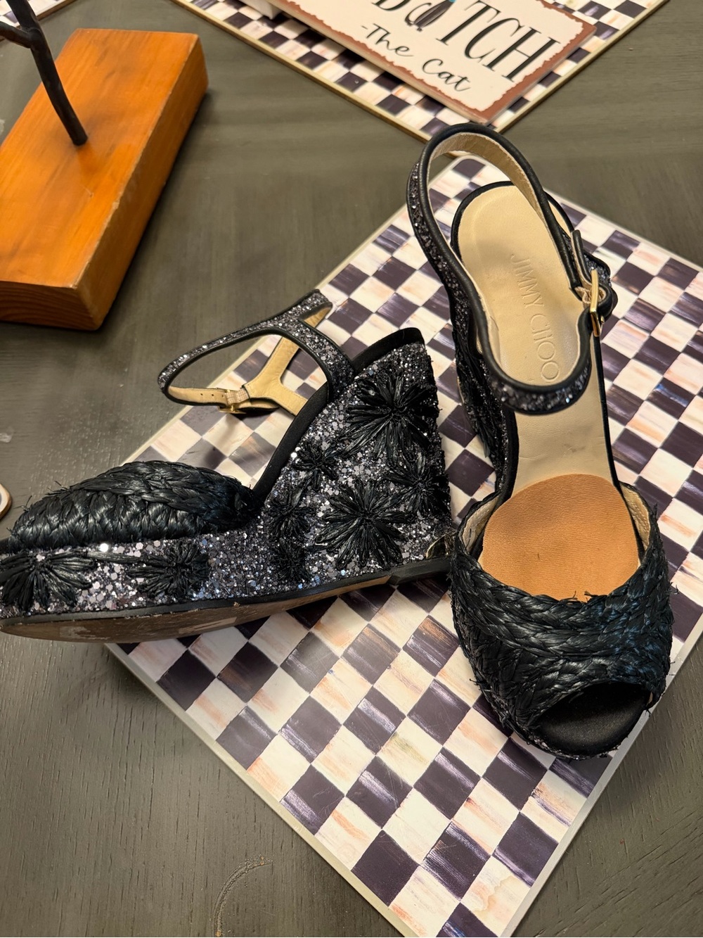 Jimmy Choo Black Sequin & Braided Wedge Sandals